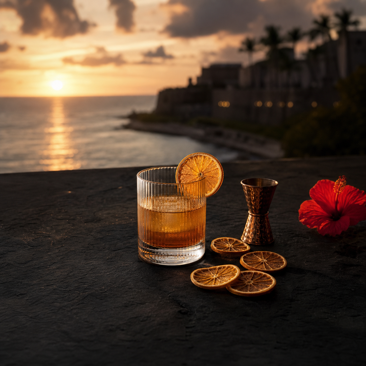 Una copa con garnish de cítrico al atardecer en Puerto Rico