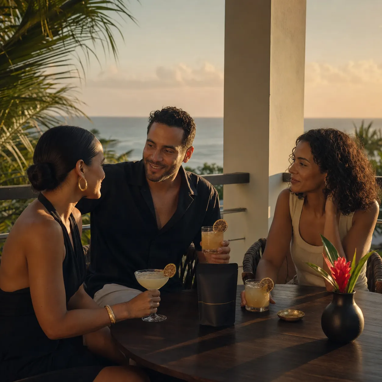 Amigos compartiendo bebidas con cítricos en una terraza costera de Humacao
