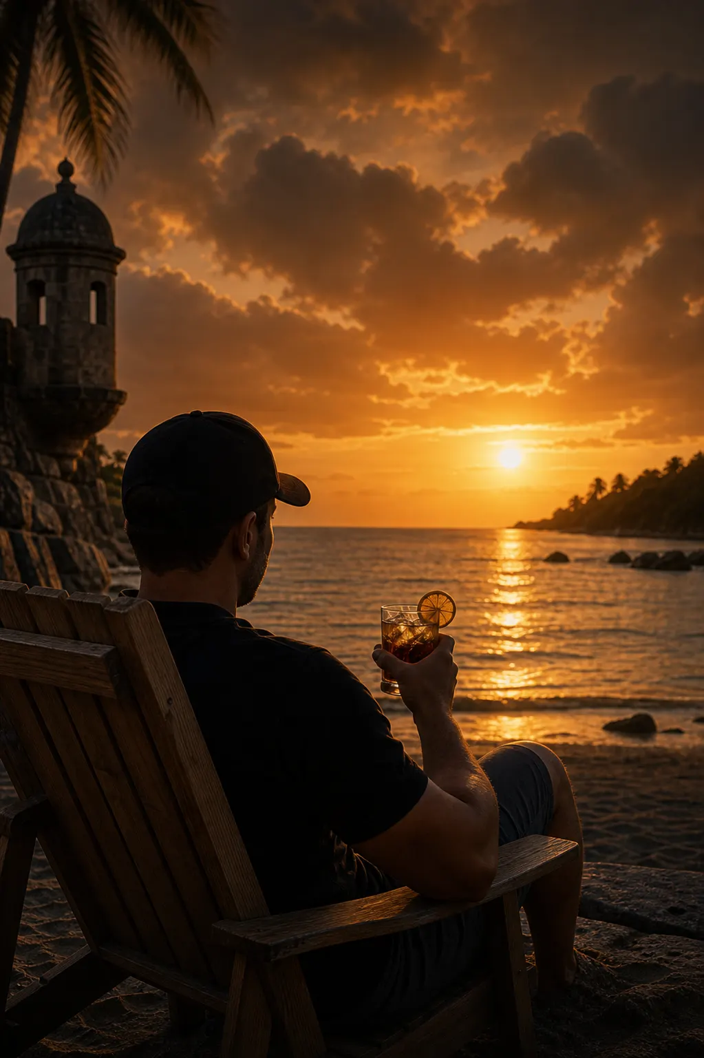 Alex contemplando el mar de Puerto Rico al atardecer con una bebida decorada con cítrico