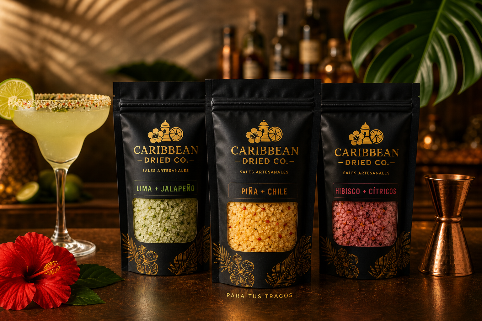 Concepto de cuatro empaques de sales artesanales Caribbean Dried Co. junto a una margarita