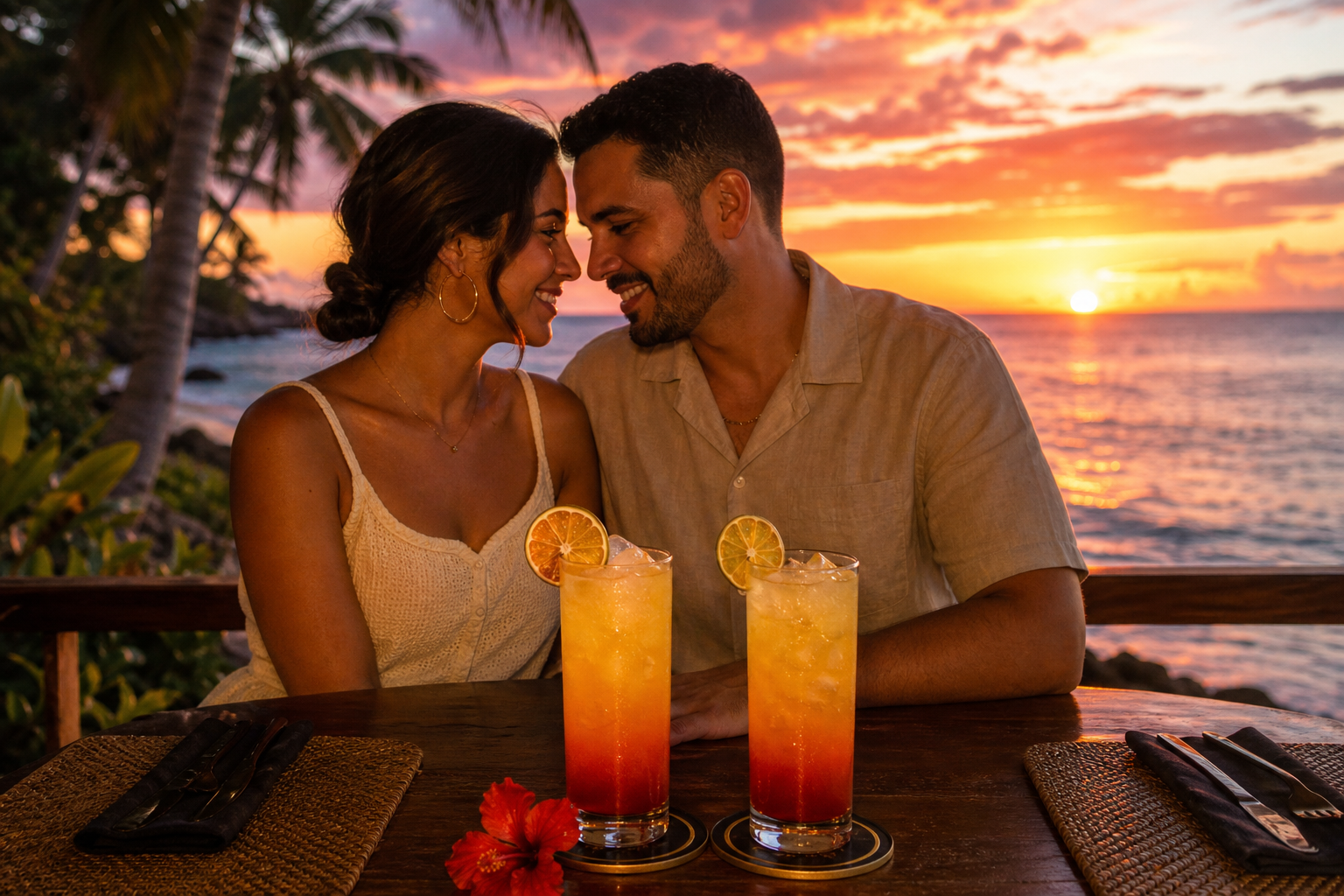 Pareja compartiendo dos mocktails Atardecer Caribeño con fruta deshidratada frente al mar al caer el sol