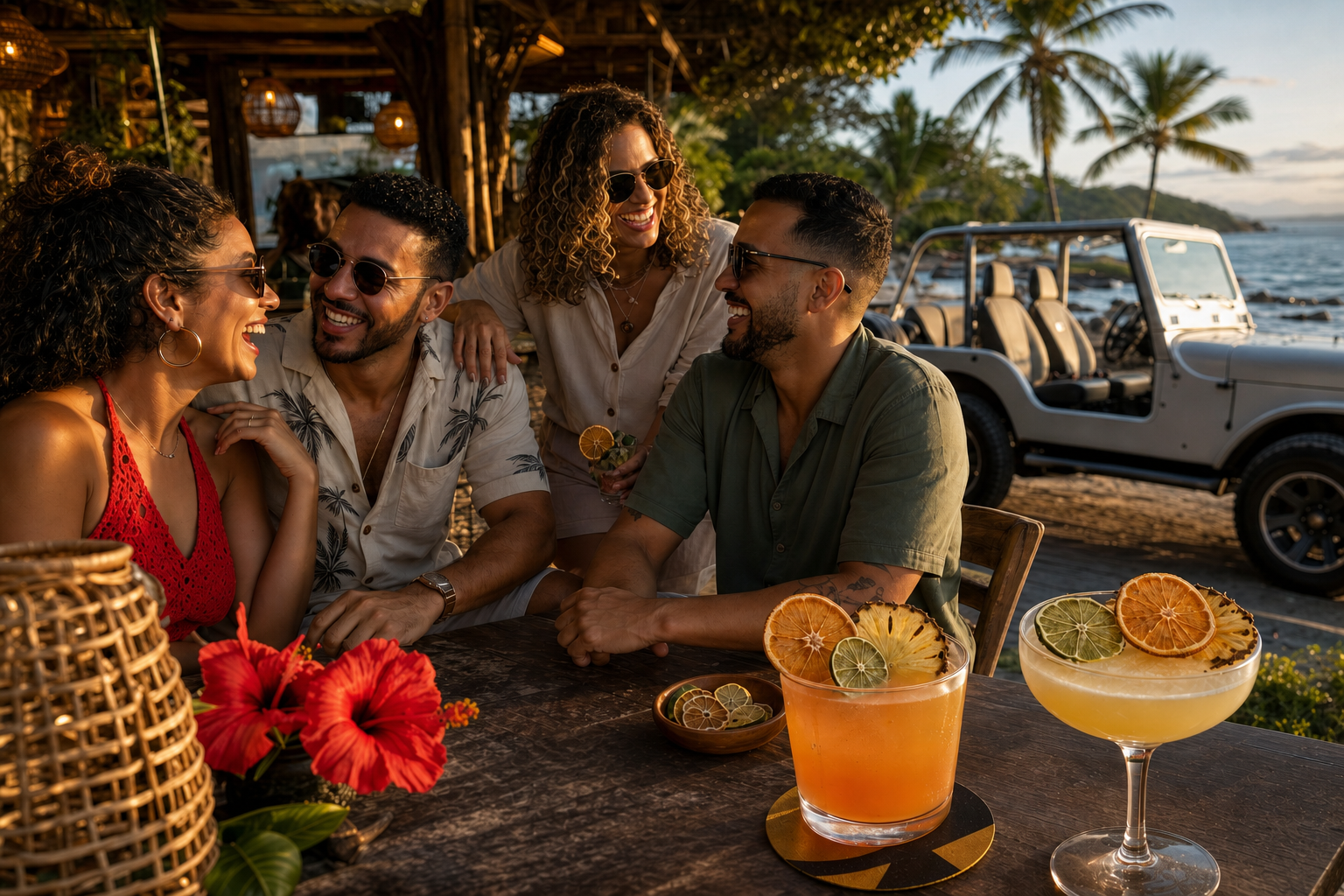 Amigos disfrutando cócteles con fruta deshidratada en un chinchorro frente al mar en Puerto Rico