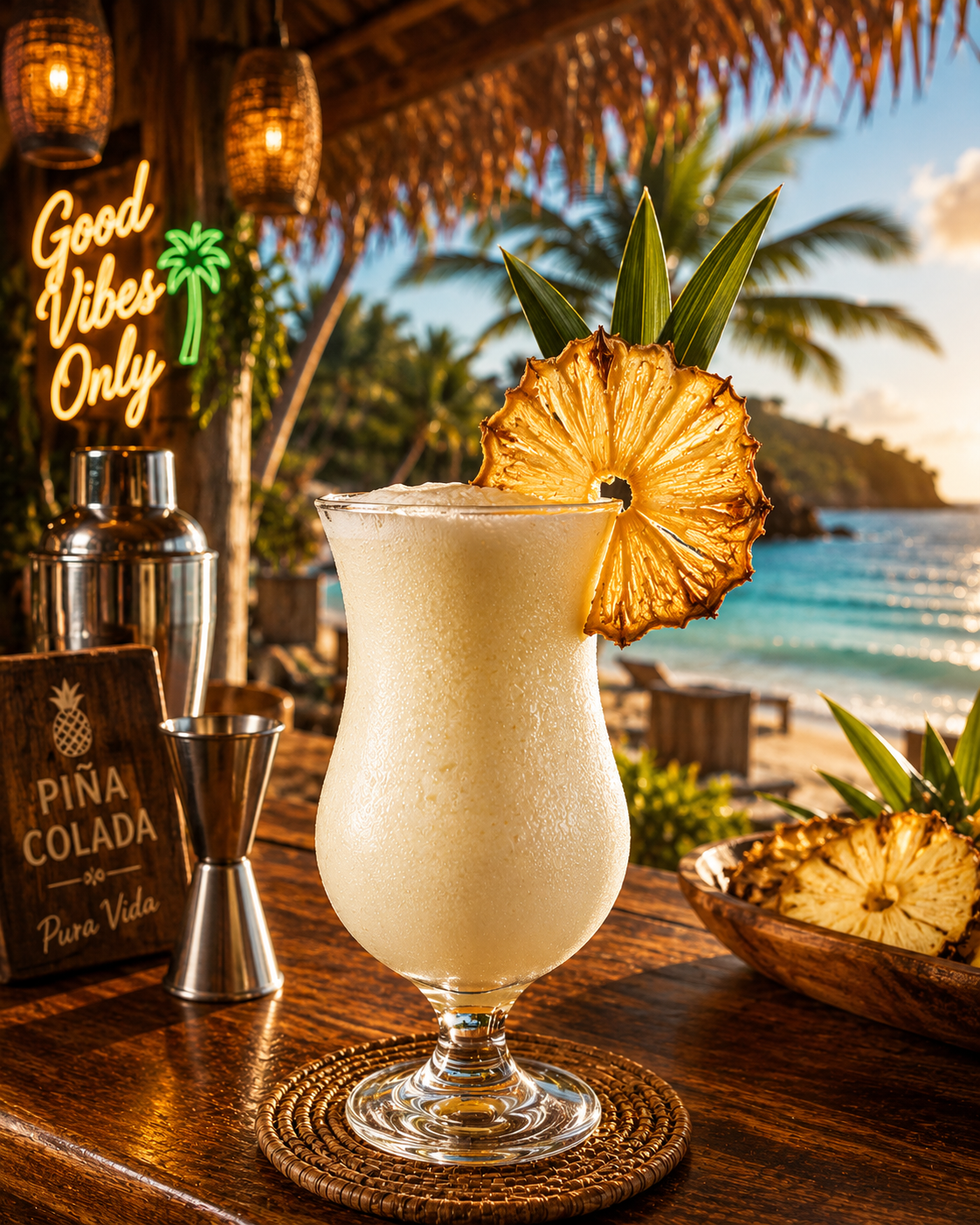 Piña colada tropical decorada con garnish de fruta deshidratada