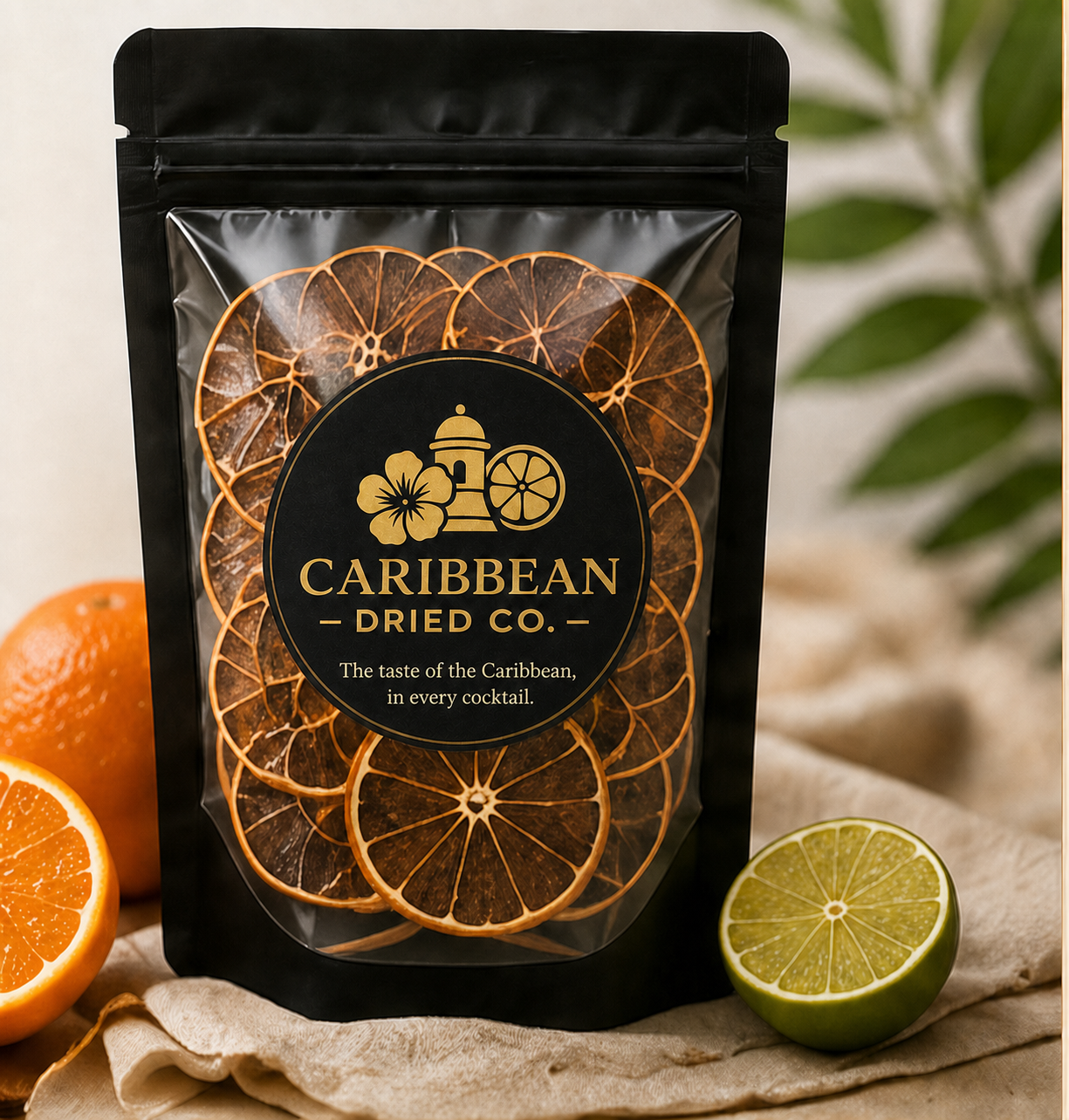 Empaque final de Caribbean Dried Co. con cítricos deshidratados